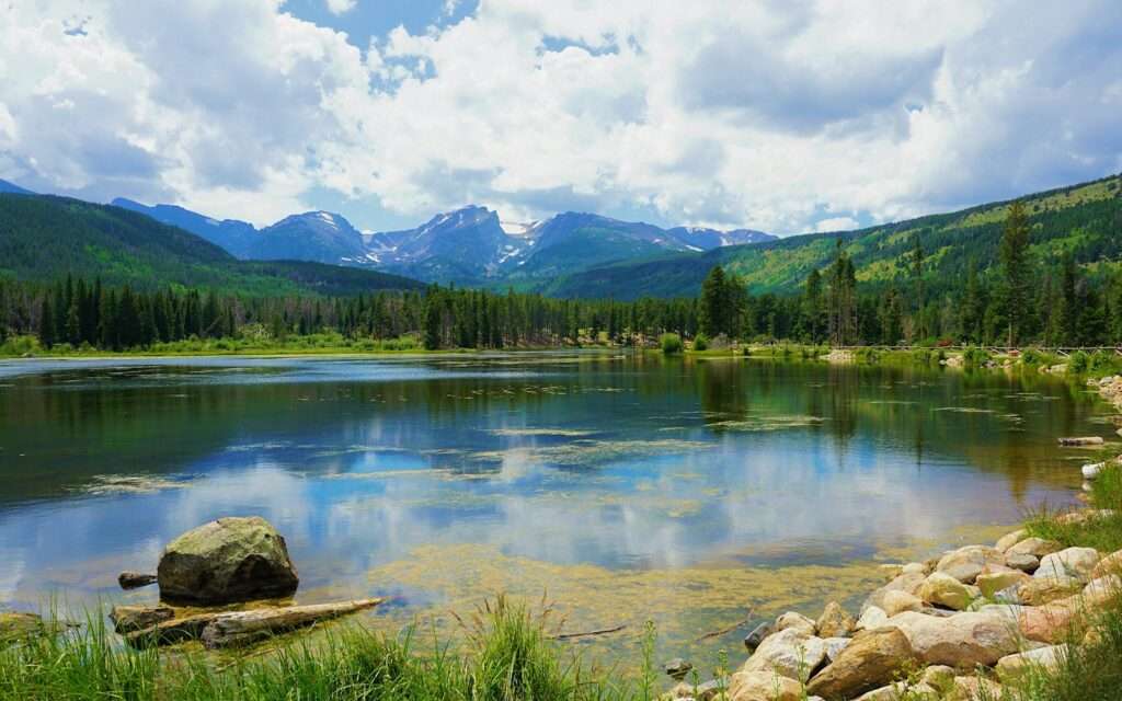 A lake in Rocky Mountain National Park with snow-dusted peaks behind